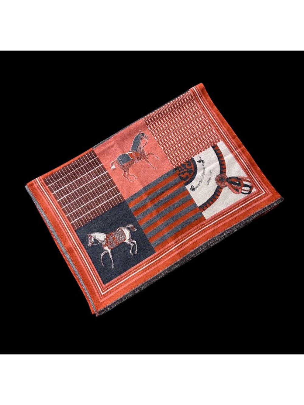 Equestrian Horse Wrap Shawl Scarf Orange Black Gray Acrylic Cashmere Feel